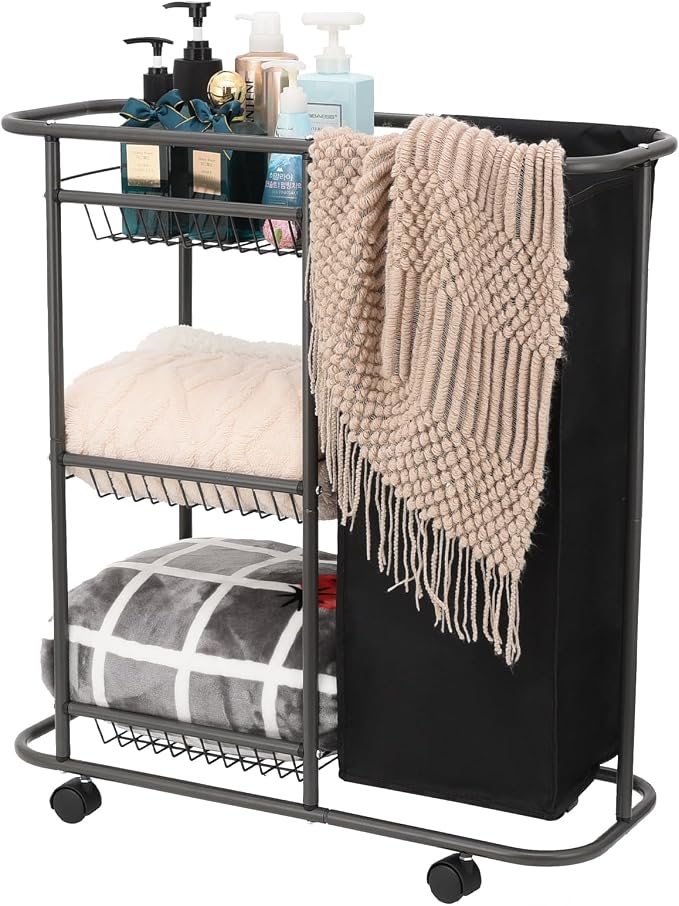 Rolling Laundry Cart with Wheels: 3-Tier Laundry Caddy Between Washer and Dryer by Lucalda