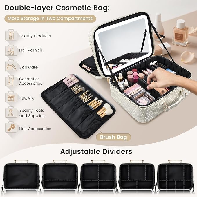 Makeup Bag with LED Lighted Mirror 12.2 IN Travel Double Layer Makeup Case - Image 6