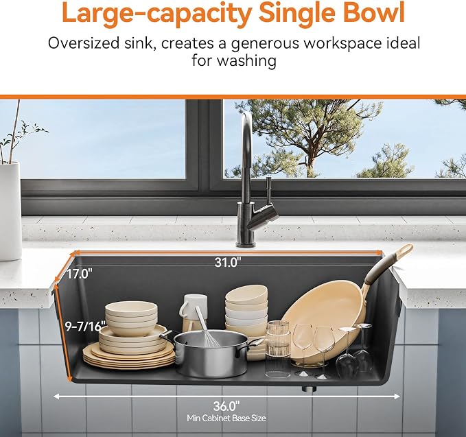 33 Inch Granite Undermount Kitchen Sink, TECASA Utility Composite Single Bowl - Image 3