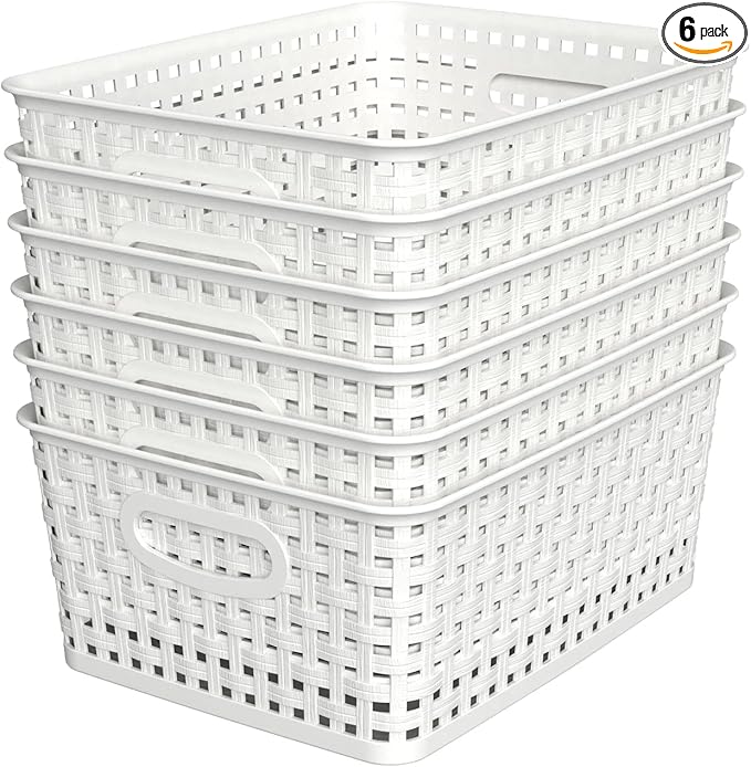 WYT Woven Plastic Storage Baskets, 6 Pack White Weave Bins Organizer, 10.1" x by WYT
