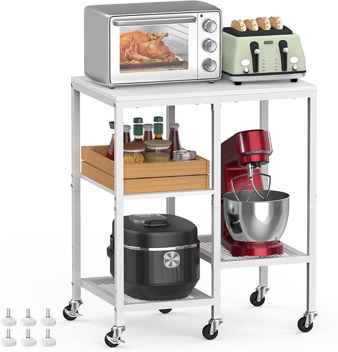 Kitchen Microwave Cart with Wheels, Coffee Bar Table Station, 4-Tier Rolling by OGEMXU