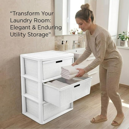 Premium Wide 3-Drawer Plastic Storage Tower, Decorative Opaque White Weave - Image 6