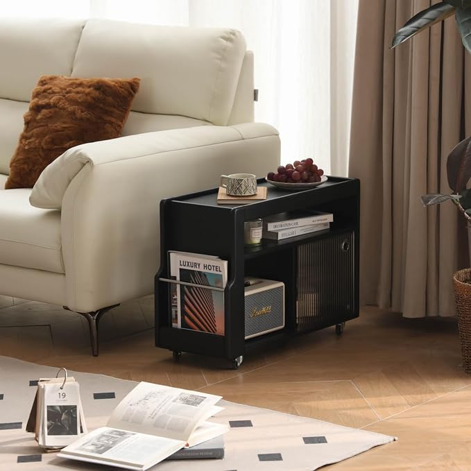 Side Table with Storage, Solid Wood Rolling End Table - Image 4