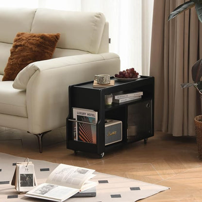 Side Table with Storage, Solid Wood Rolling End Table - Image 4