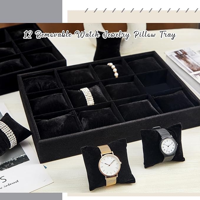 2 Pieces 12 Grid Velvet Watch Tray Jewelry Organizer Stackable Watch Bracelet - Image 7