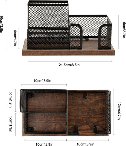 Antique Wood & Mesh Pen Holder Office Supplies Caddy, Storage Baskets - Image 6