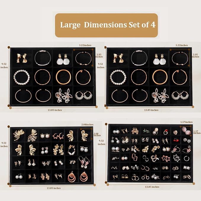 Large Jewelry Drawer Organizer Trays Set of 4, Stackable Velvet Jewelry Trays - Image 3