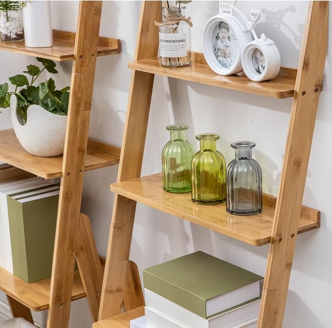 Maydear Bamboo Ladder Shelf Bookcase, 4-Tier Leaning Bookshelf Free Standing - Image 5