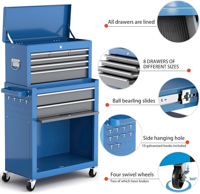 8-Drawer Tool Chest with Wheels, Detachable Top Tool Box, Tool Cabinet with - Image 3