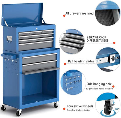 8-Drawer Tool Chest with Wheels, Detachable Top Tool Box, Tool Cabinet with - Image 3