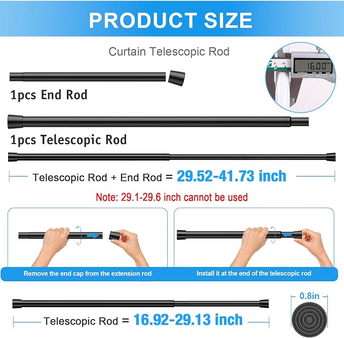 1 Pack Spring Loaded Tension Rod 17-41" Adjustable Curtain Rods No Drill - Image 2