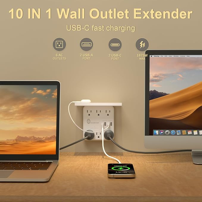 Overtop Power Charger with Shelf, Wall Outlet Extender Surge Protector with 6 - Image 2