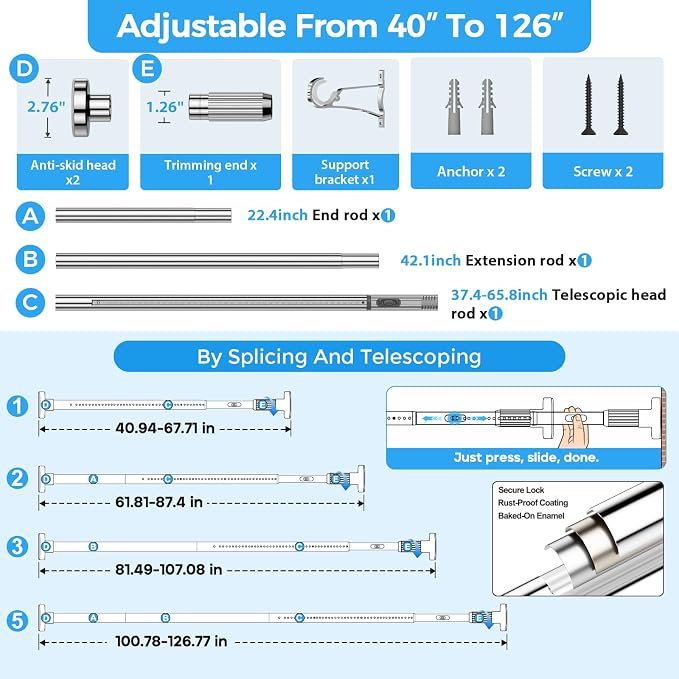 AIZESI 41-124 Inch Heavy Duty Silver Tension Curtain Rod - Image 6