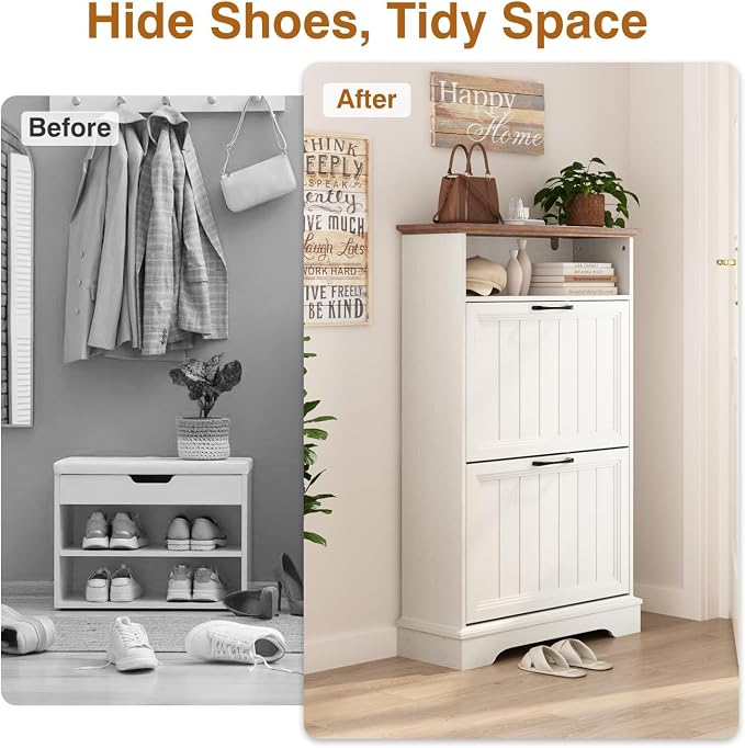 Shoe Storage Cabinet with 2 Flip Drawers, Narrow Slim Shoe Organizer - Image 4