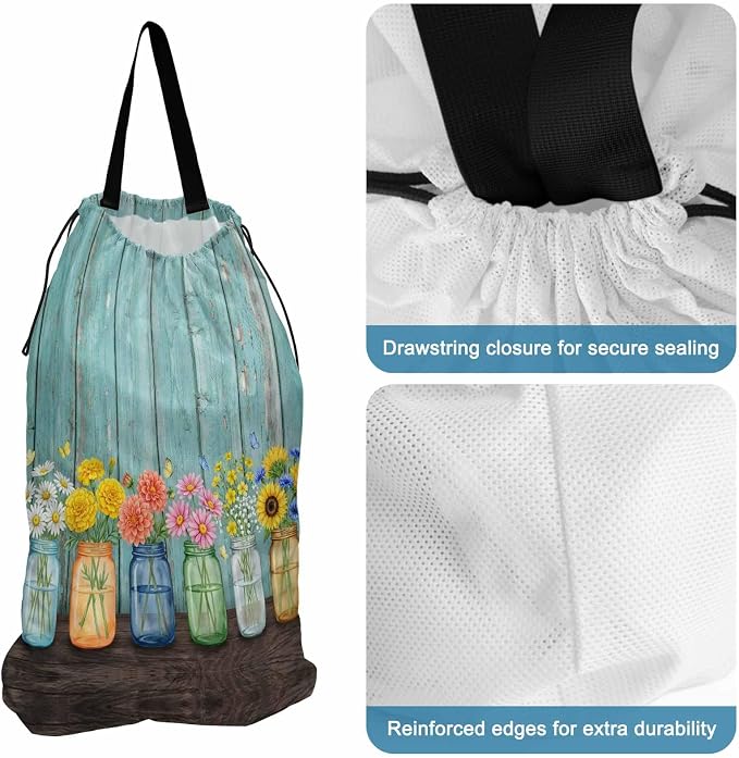 Spring XL Laundry Bag Flower in Bottle Butterfly Vintage Wood Grain Machine - Image 2