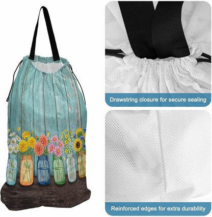 Spring XL Laundry Bag Flower in Bottle Butterfly Vintage Wood Grain Machine - Image 2