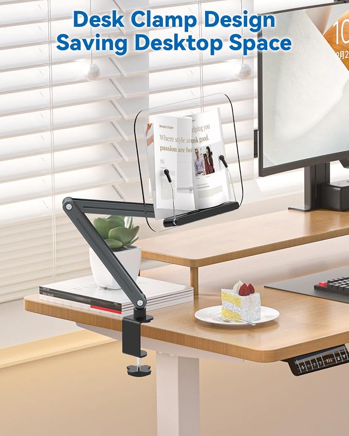 Desk Clamp Acrylic Book Stand for Reading, Ergonomic Design Adjustable Height - Image 3