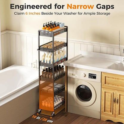 6 Tier Slim Storage Cart with Wheels, Metal Narrow Spice Cabinet Mobile - Image 3