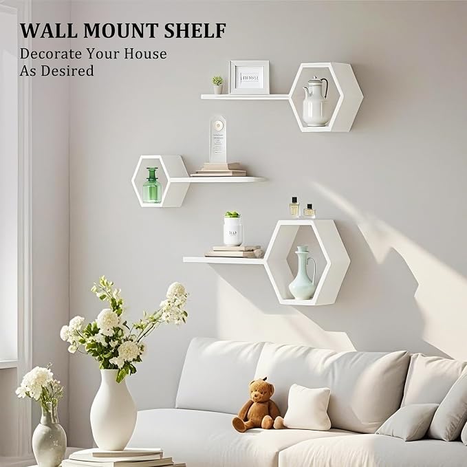 ZGZD Set of 3 White Wooden Hexagon Wall Shelves - Image 7