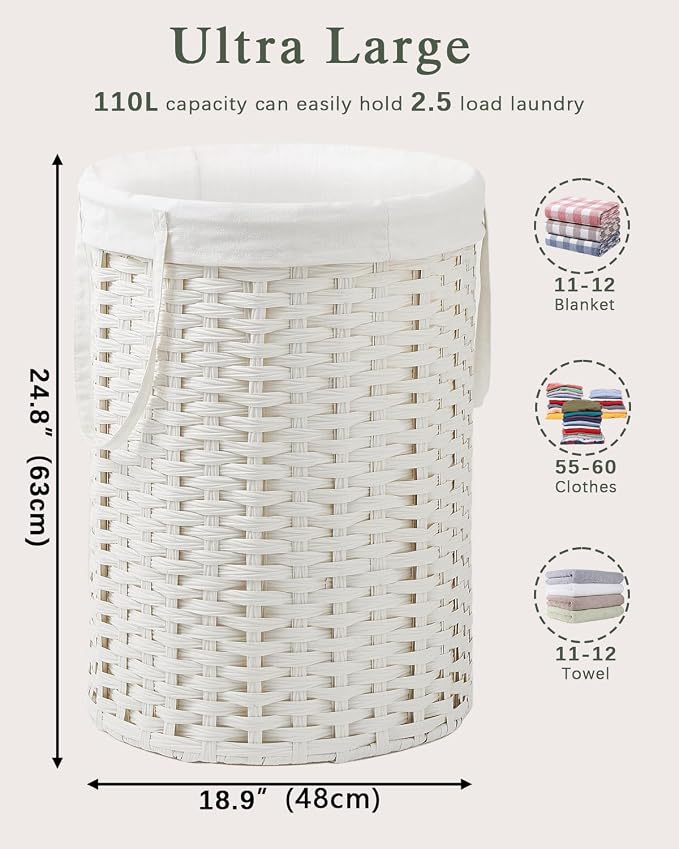 Laundry Basket Round Rattan Laundry Hamper 29.1 Gal Handwoven Large Wicker - Image 5