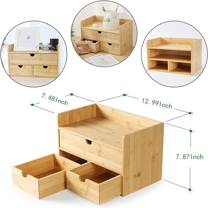 Bamboo Desk Organizer with Drawers, 3-Drawer Desktop Storage Box | 3 Drawers - Image 3