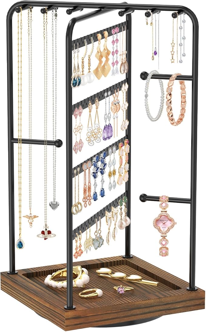 MODOWEY Earring Necklace Holder Organizer Wood Rotating Jewelry Tree, Burnt | by MODOWEY