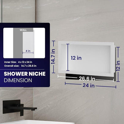 12" x 24" Stainless Steel Shower Niche, Single Waterproof Shelves, No-Tile - Image 3