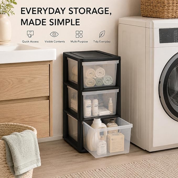 3 Drawer Plastic Storage Tower, 14.9" x 12.6" x 25.3" Medium | Organizer Chest - Image 9