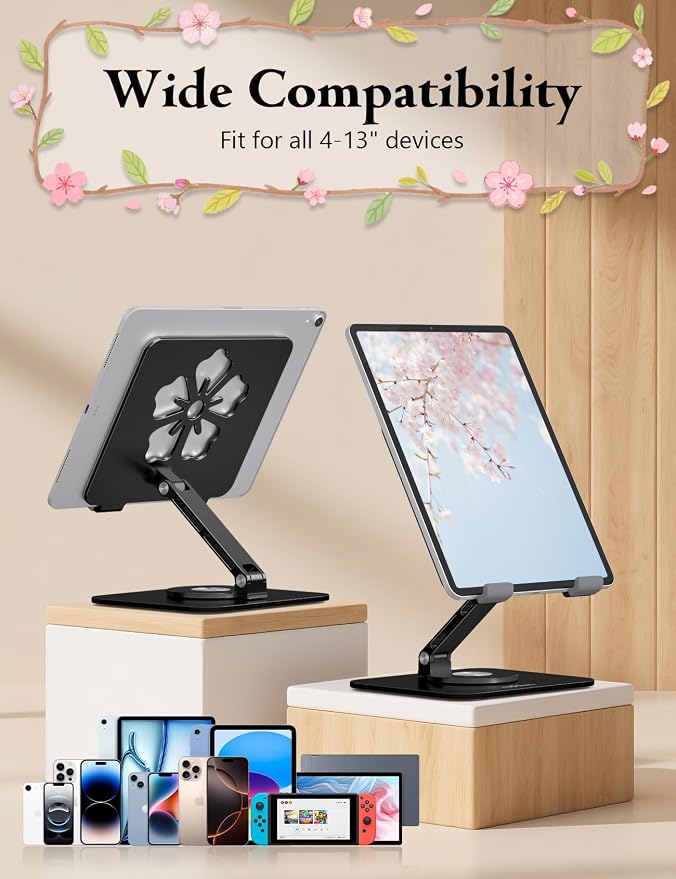Tablet Stand for iPad, 360° Rotating Aluminum Foldable Holder – Adjustable Desk - Image 6
