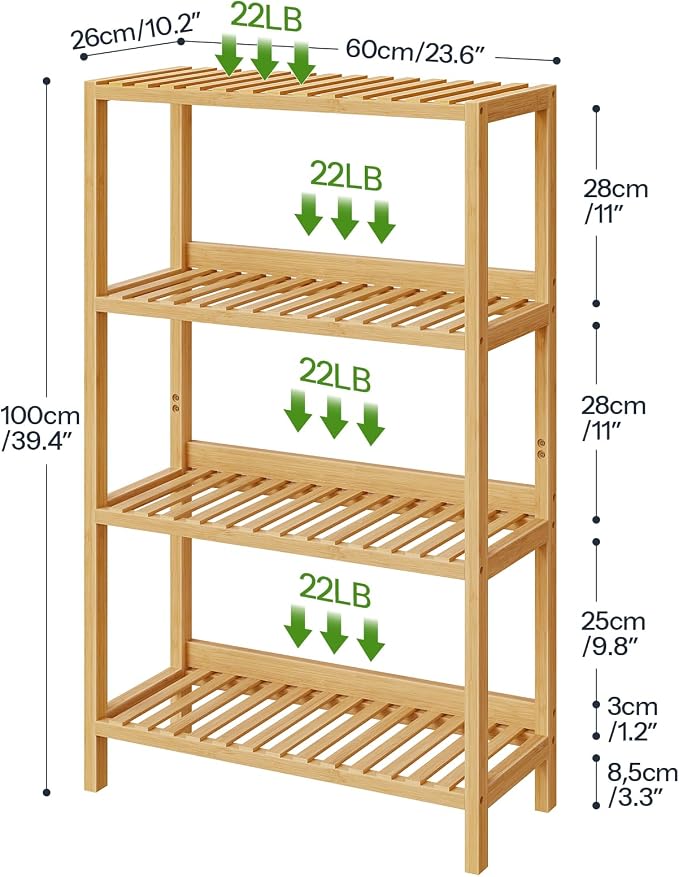 HOOBRO Bamboo Storage Shelf, 4-Tier Freestanding Shelving Unit, 23.6 x 10.2 x - Image 3