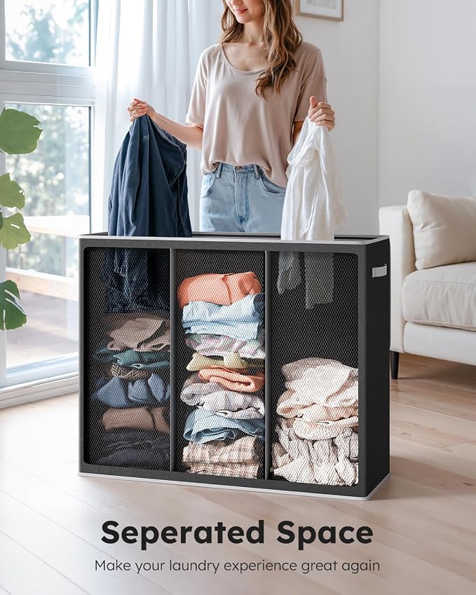 SOLEDI 180L Laundry Hamper 3 Section, Extra Large Laundry Hamper - Image 4