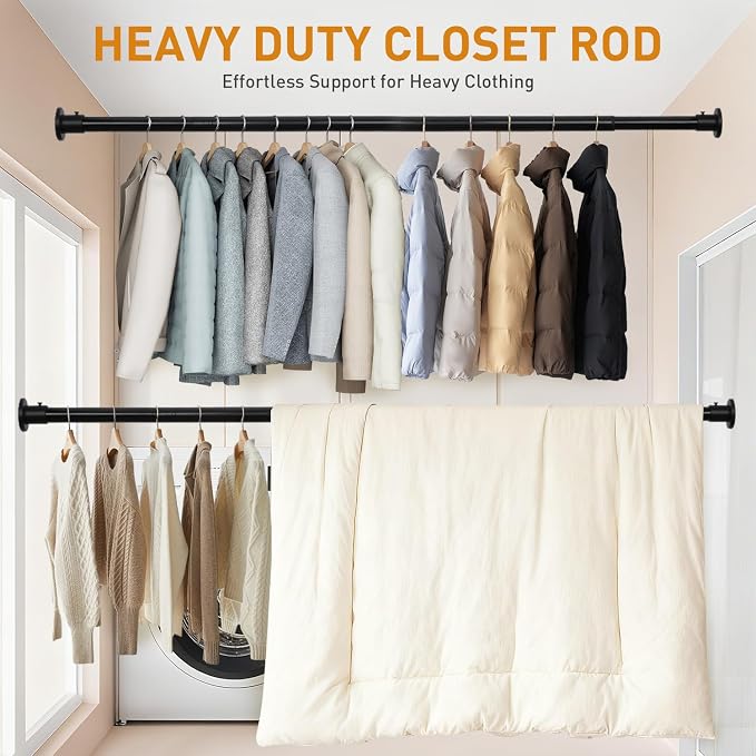 Black Adjustable Closet Rod 18-92 Inches, Heavy Duty Metal Clothes Hanging Rod - Image 3