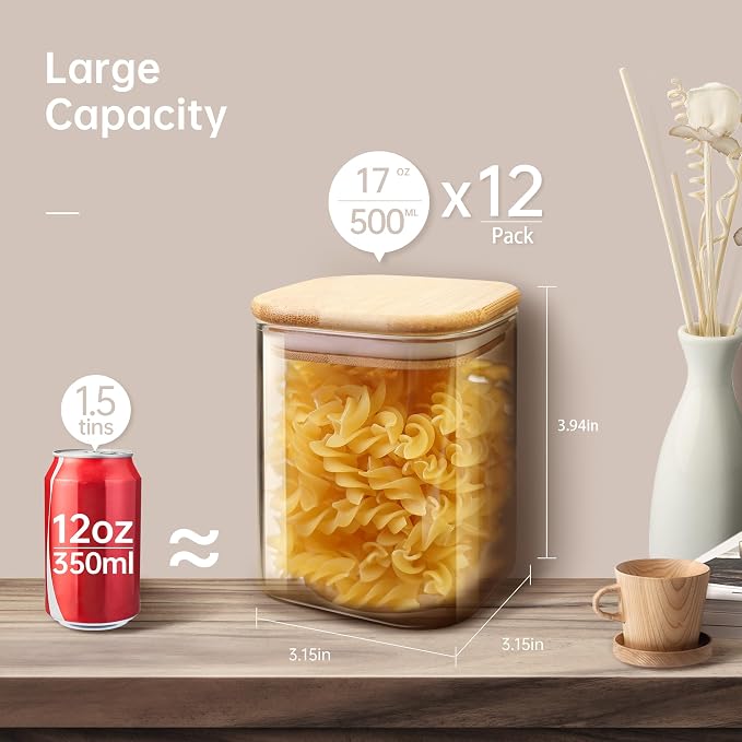Square Glass Jars with Bamboo Lids 17 FL OZ, Glass Canisters with Airtight Lids - Image 2