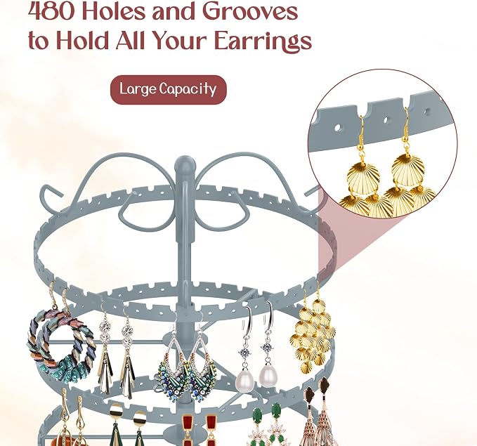 MODOWEY 6 Tier Rotating Earring Holder Organizer Stand, Adjustable Metal - Image 5