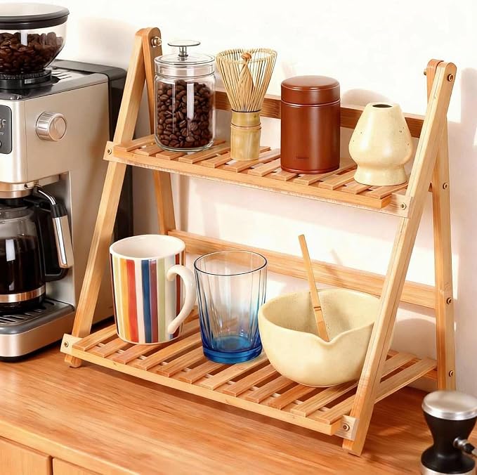 Bamboo Mug Shelf, 2-Tier Matcha Station & Coffee Bar Organizer-15.7 Inch by CouldSpark
