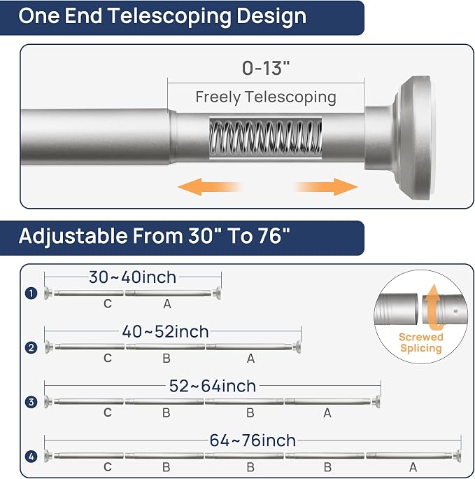 ENJOYBASICS 1" Nickel Shower Curtain Rod, 30-76" Adjustable, Secure Tension | - Image 2