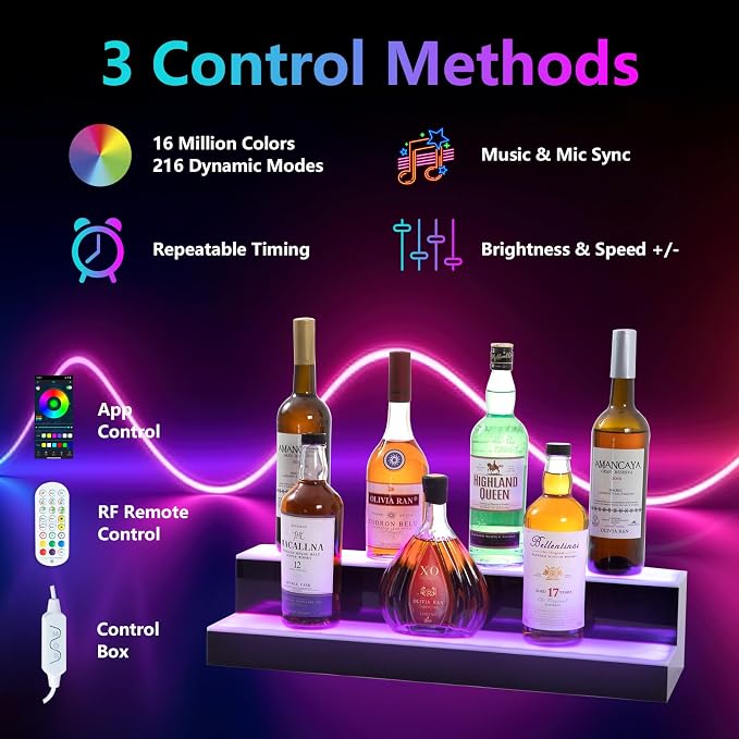Led Lighted Liquor Bottle Display Shelf, 24 Inch 2 Tier Whiskey Rack, Support - Image 2