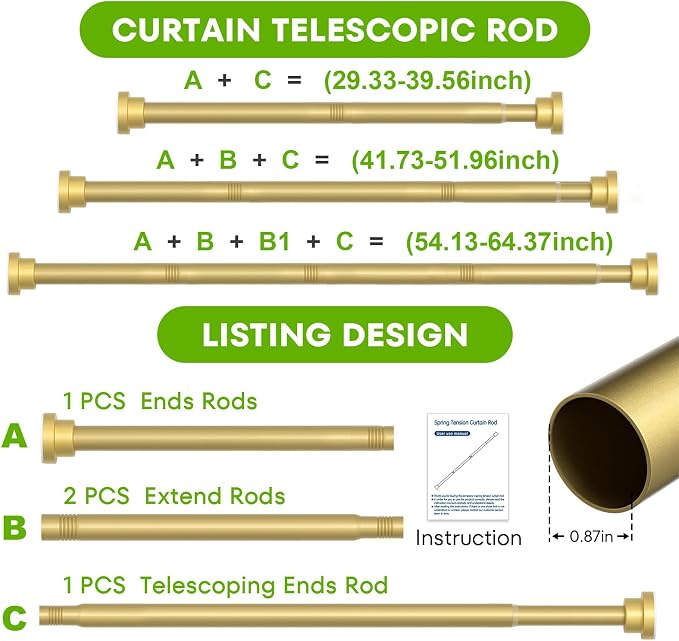 Tension Curtain Rod 30-64 Inch Curtain Rods No Drilling Gold Tension Spring Rod - Image 2