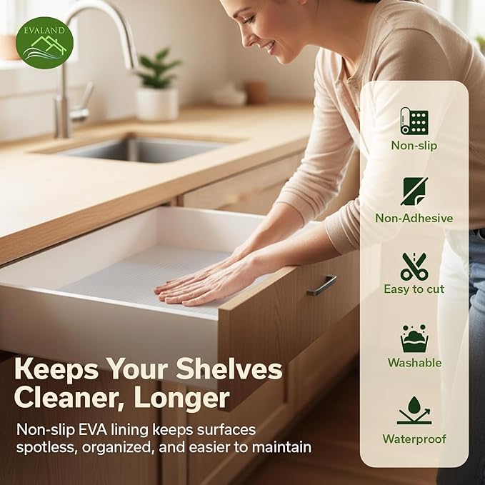 EVALAND Shelf Liners for Kitchen Cabinets Non-Adhesive 12" x 33 FT Clear Drawer - Image 3