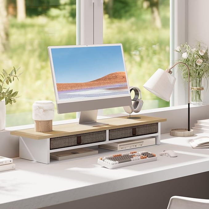 Fenge Monitor Stand with Drawer, 2 Tiers Dual Monitor Riser - Image 9