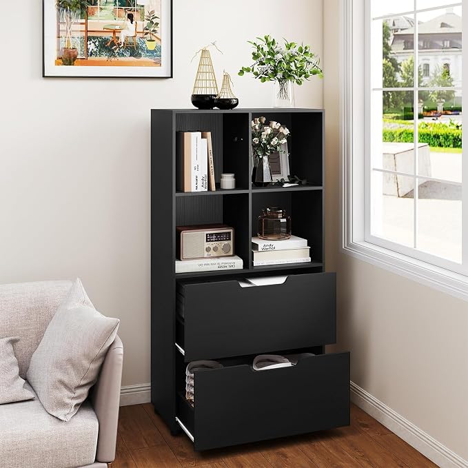 Giantex Bookshelf with 4 Cubes & 2 Drawers, 51” Tall Floor Bookcase with - Image 8