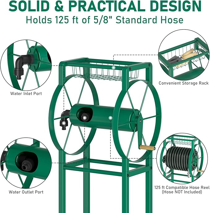 Garden Hose Reel Stand with Storage Rack - 125ft 5/8" Water Hose Organizer - Image 2