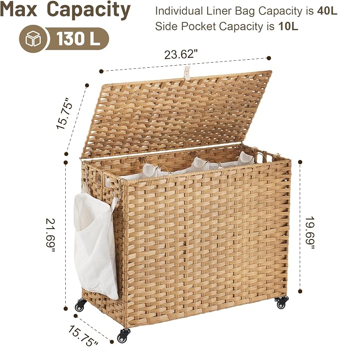 Laundry Hamper with Wheels, 34.3 Gallon Rolling Laundry Basket with Lid - Image 4
