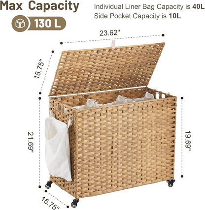 Laundry Hamper with Wheels, 34.3 Gallon Rolling Laundry Basket with Lid - Image 4