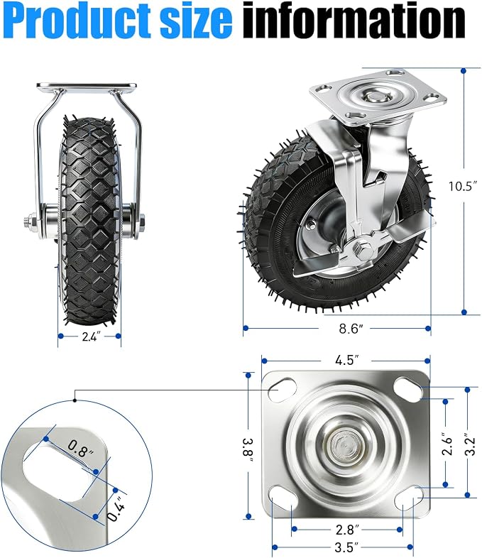 8 Inch Pneumatic Caster Wheels - Image 2