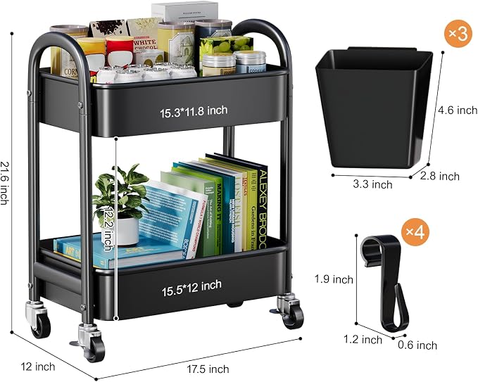 2 Tier Rolling Cart Metal on Wheels, Two Tiered Short Storage Side Table - Image 7