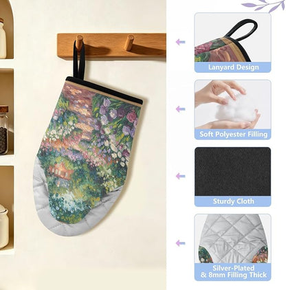 Heat Resistant Oven Mitts, Spring Garden Flowers Scene Kitchen Gloves - Image 4
