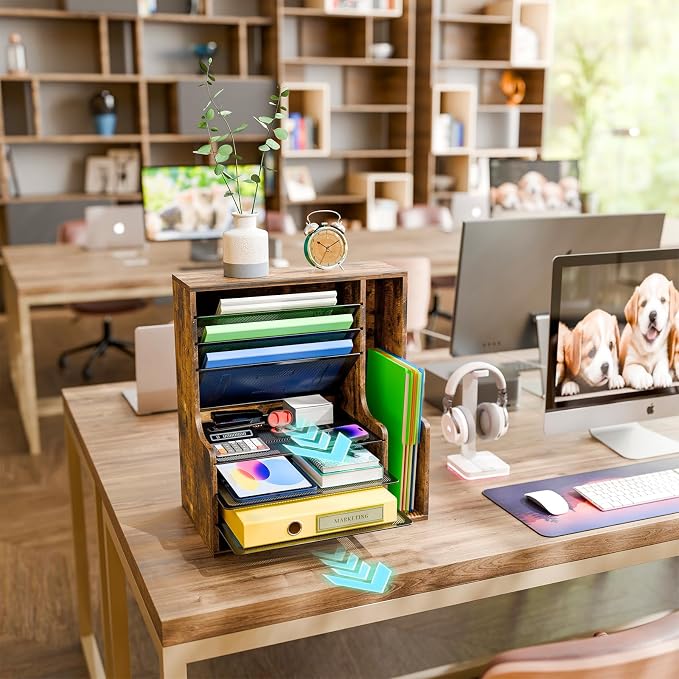 Simple Trending 7- Tier Desk File Organizer, Paper Organizer, Rustic Brown | - Image 3