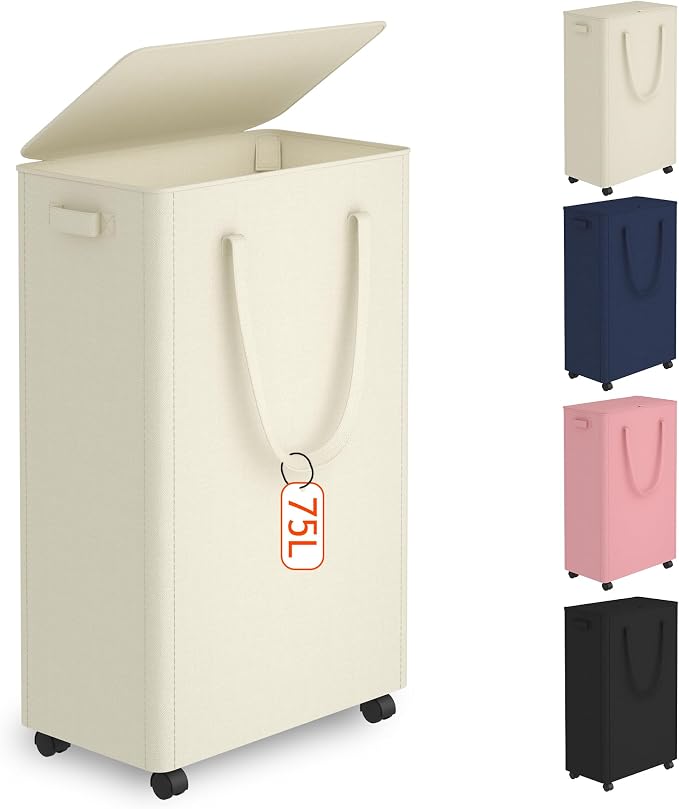 Slim Laundry Hamper with Wheels, 20 Gal Rolling Laundry Basket with lid and by Vincona
