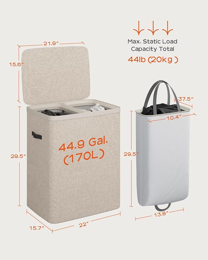 CASAMAYA Laundry Basket with Lid, Laundry Hamper 2 Section, 170L collapsible - Image 6